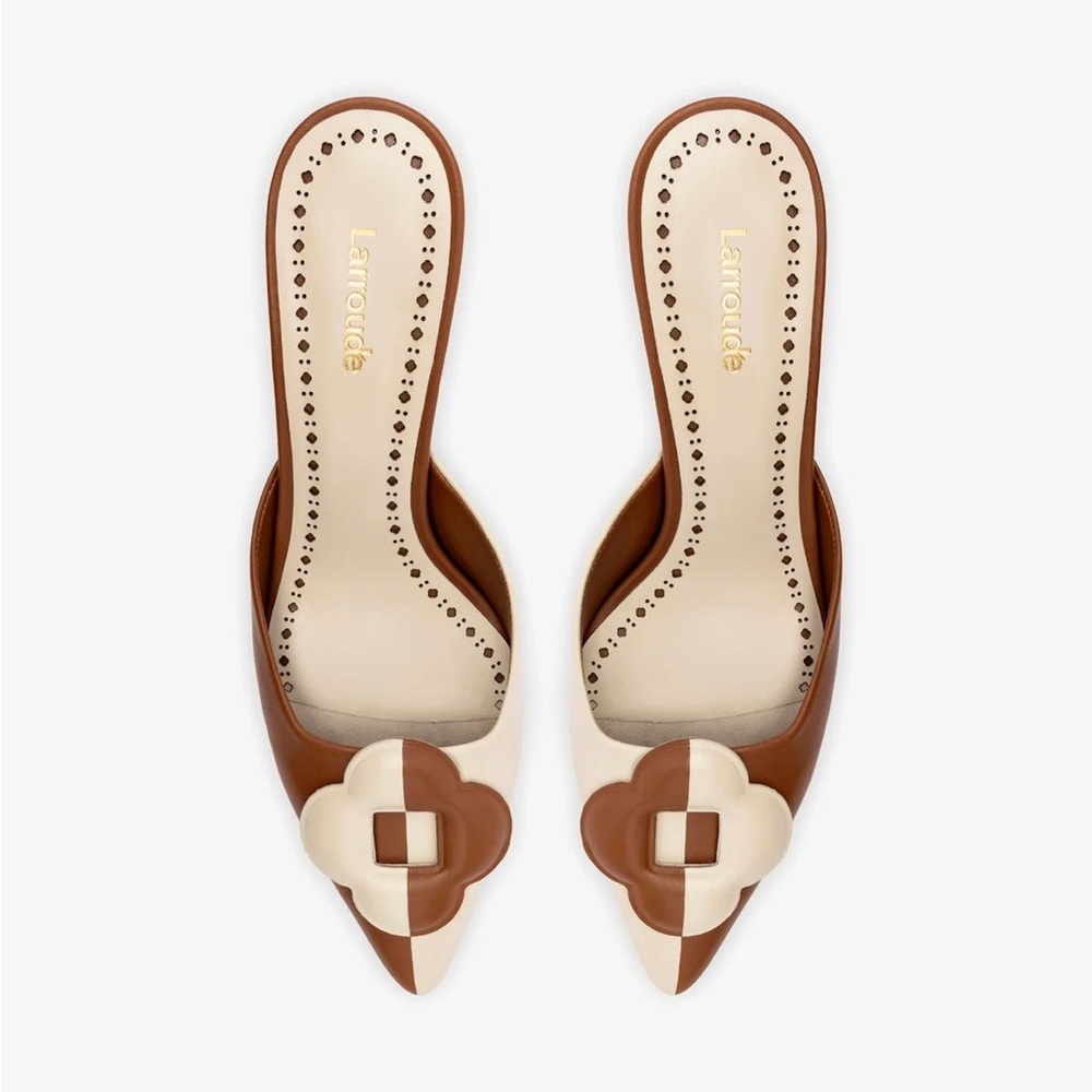 Price Firm - LARROUDÉ Flora Leather Mules - Caramel / Ivory